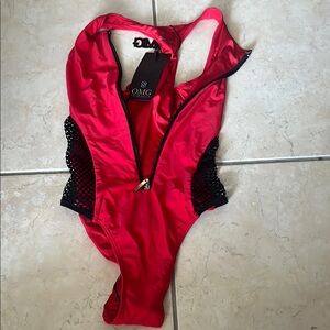 Red One-Piece Swimsuit with Black Mesh Accents